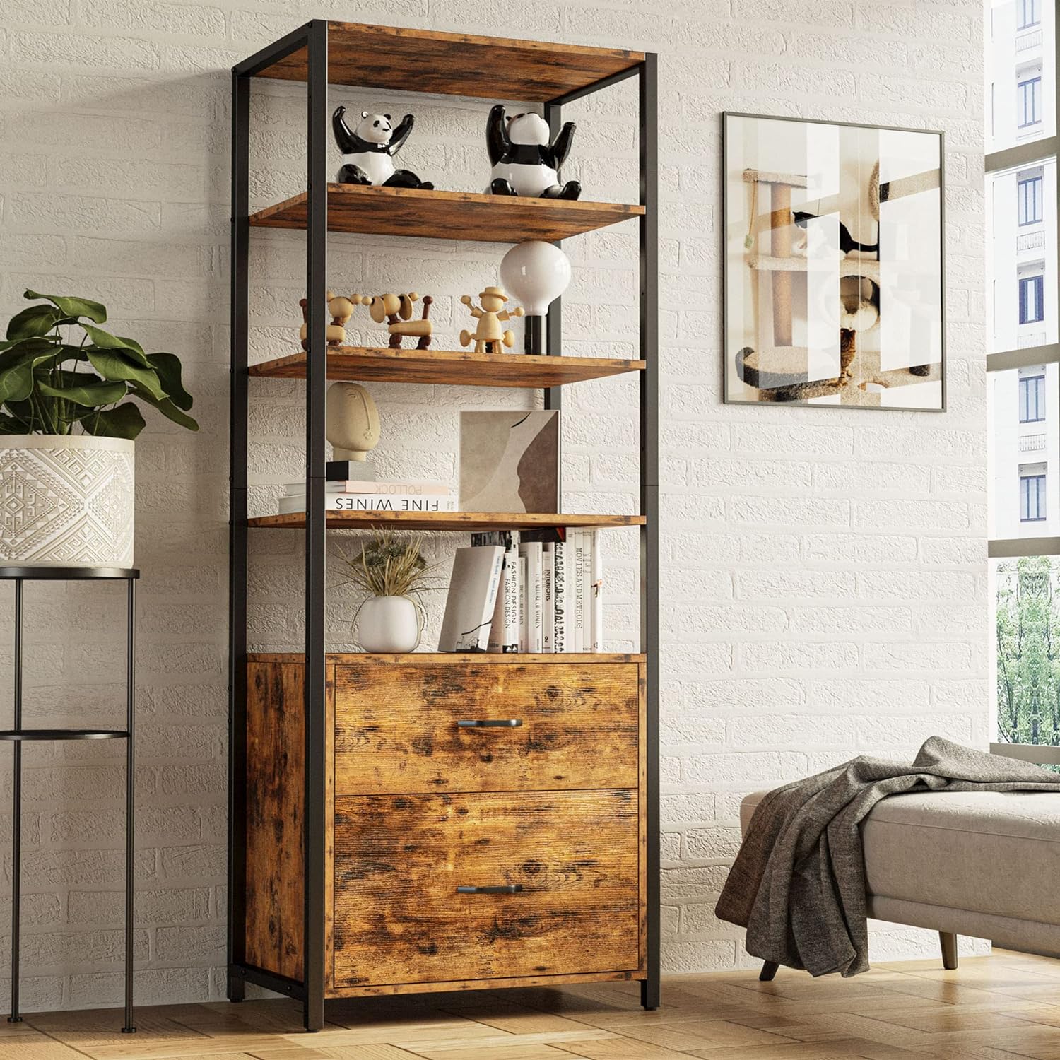 5 Tier Bookcase with Drawers IndustrialBrown