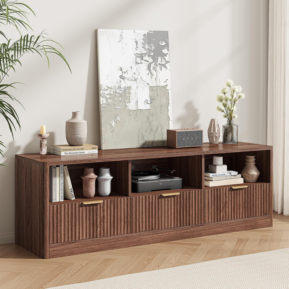 IRONCK 59" Fluted TV Stand for TVs Up to 65", Walnut