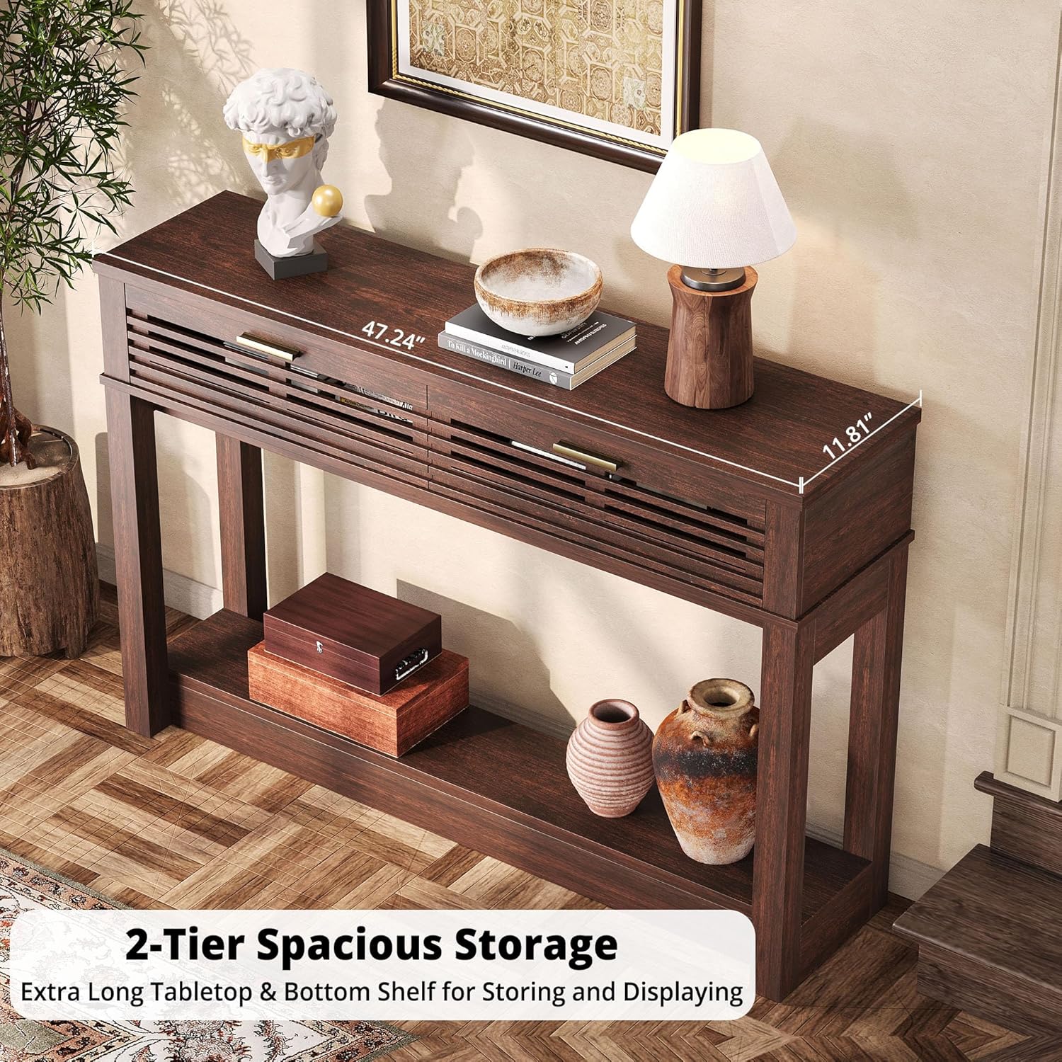 IRONCK 47"  Console Table with Drawer for Living Room, Red Walnut
