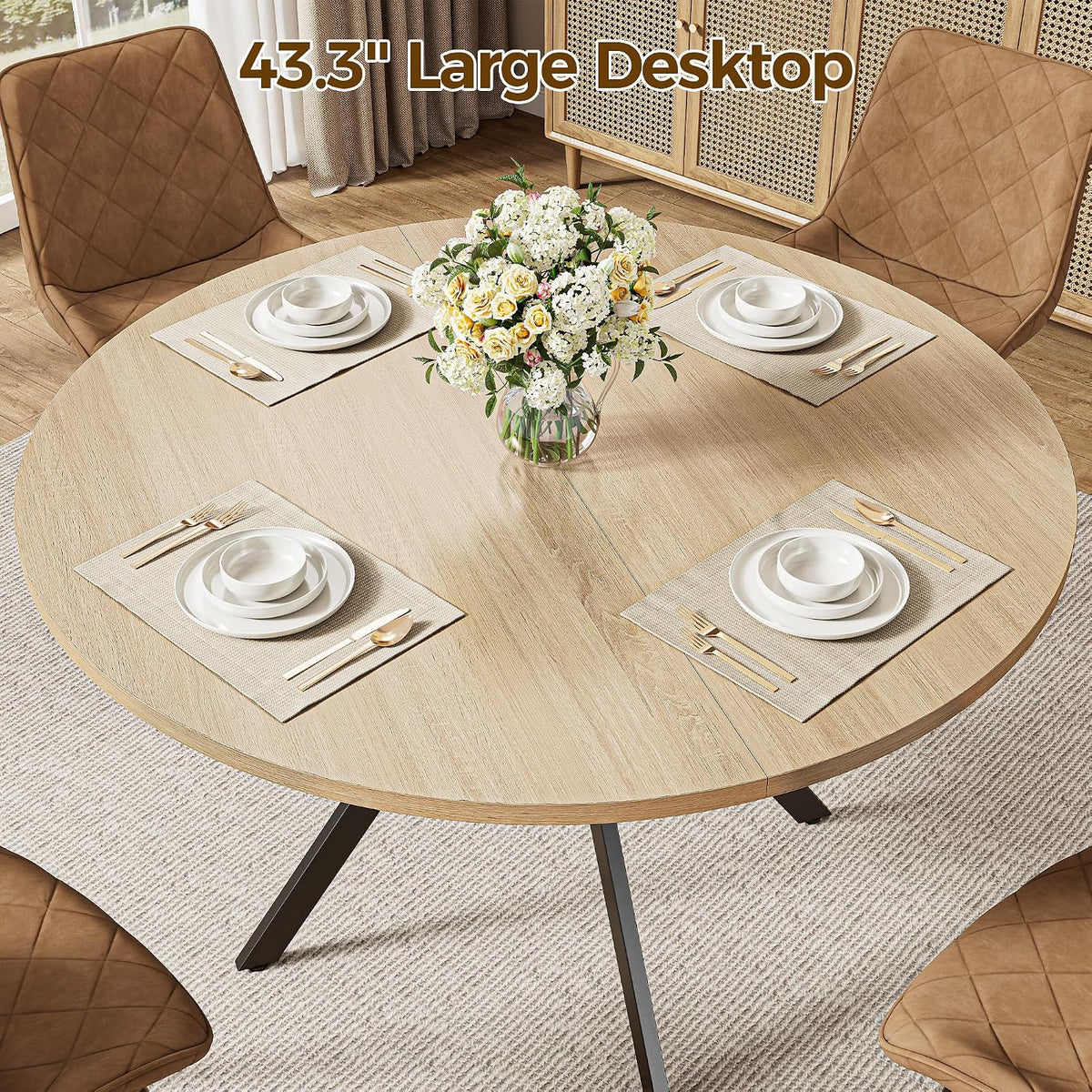 IRONCK Round Dining Table for 4, 43" Farmhouse Kitchen Table with Storage