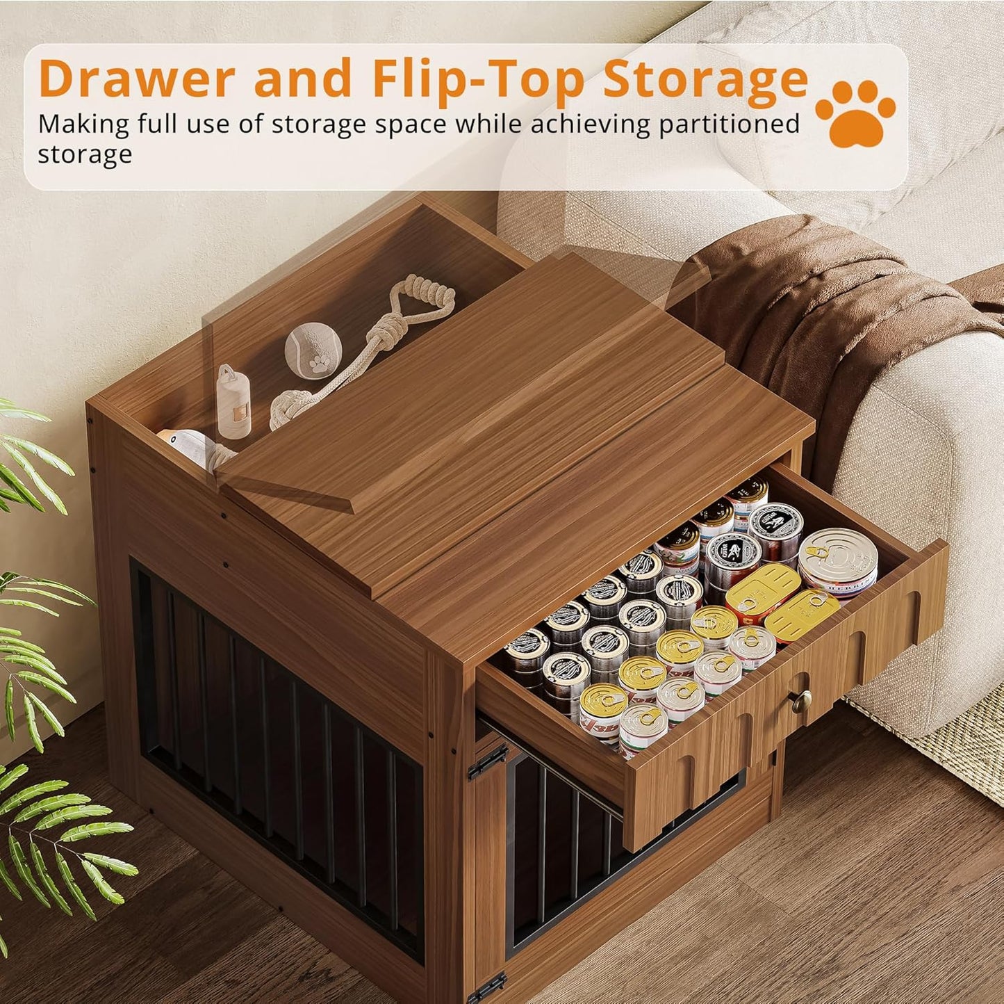 IRONCK Dog Crate Furniture, Wooden Dog Crate with Drawer and Flip-Top Storage, Walnut