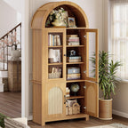 IRONCK 75" Tall 6 Tier Arched Bookshelf with Rattan  Glass Door,  LED