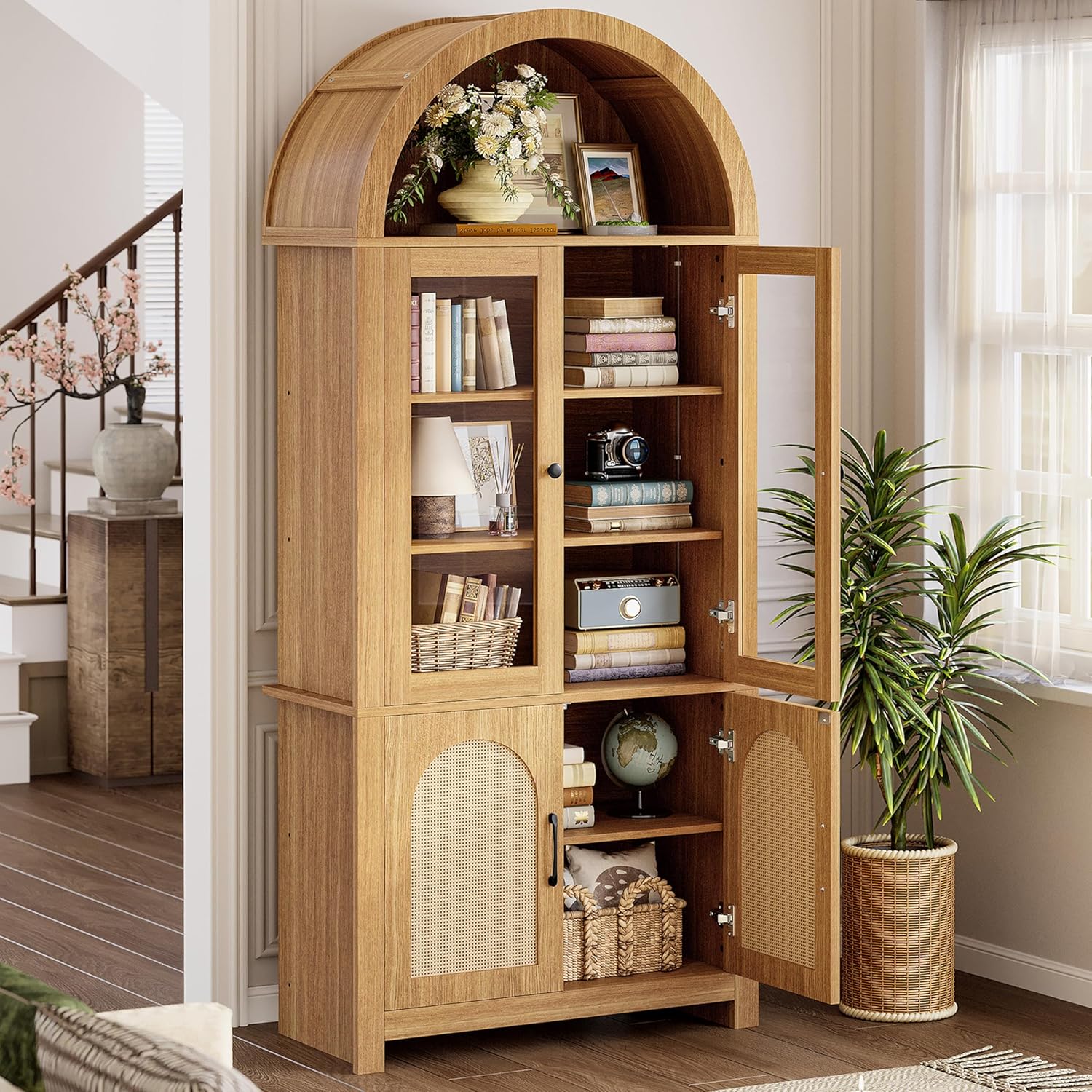 IRONCK 75" Tall 6 Tier Arched Bookshelf with Rattan  Glass Door,  LED