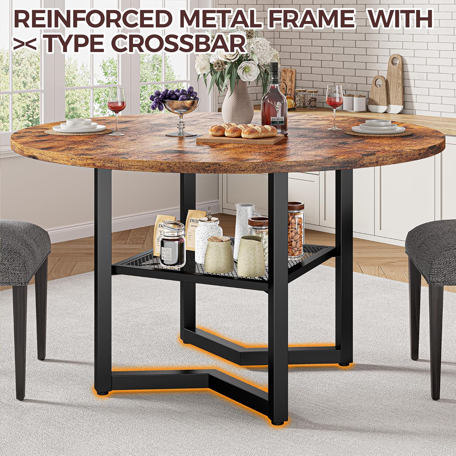 IRONCK 47.2" Wood Round Dining Table for 4, Rustic Brown