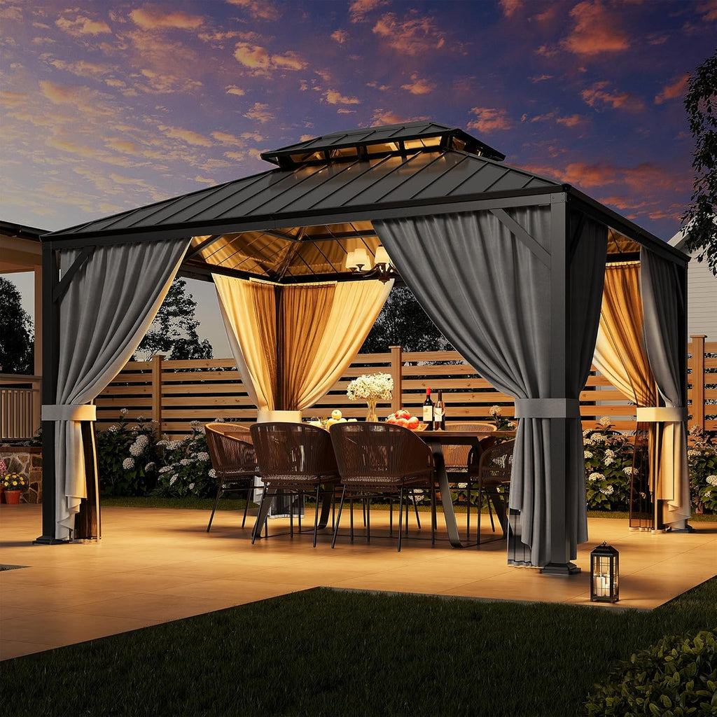 IRONCK Aluminum Patio Gazebo with Double Roof, with Net and Curtain