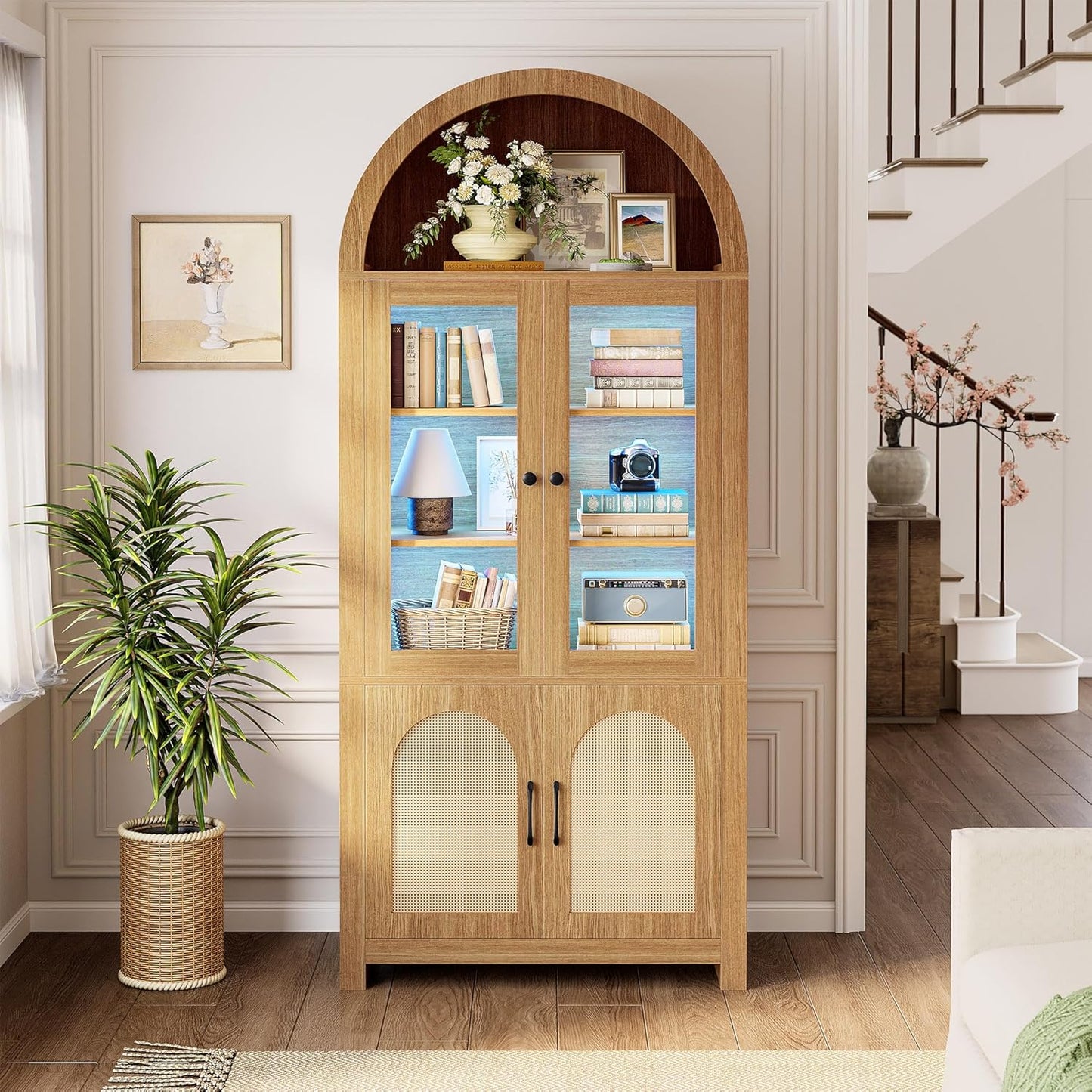 IRONCK 75" Tall 6 Tier Arched Bookshelf with Rattan  Glass Door,  LED