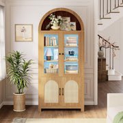 IRONCK 75" Tall 6 Tier Arched Bookshelf with Rattan  Glass Door,  LED