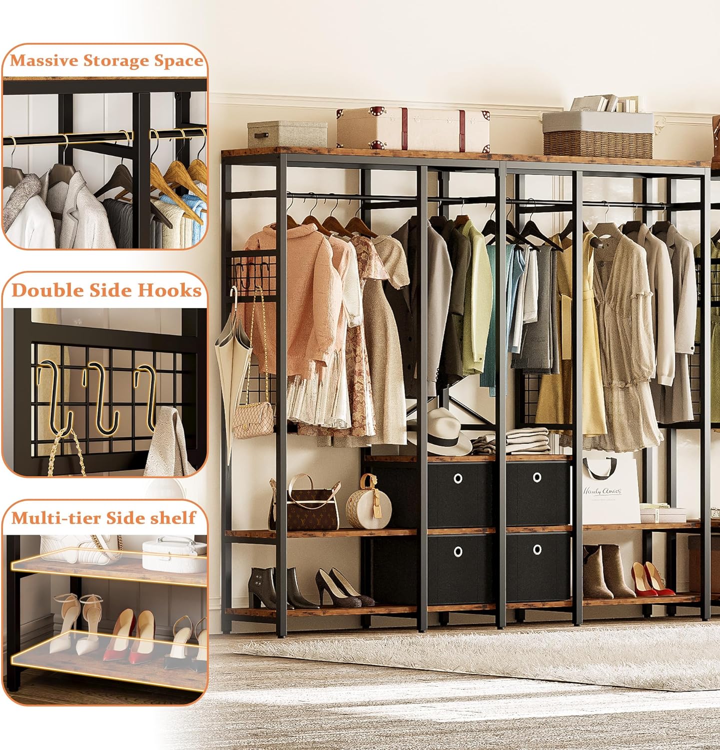 Brown Free-standing Closet Organizer Garment Rack with Double Hanging Rod