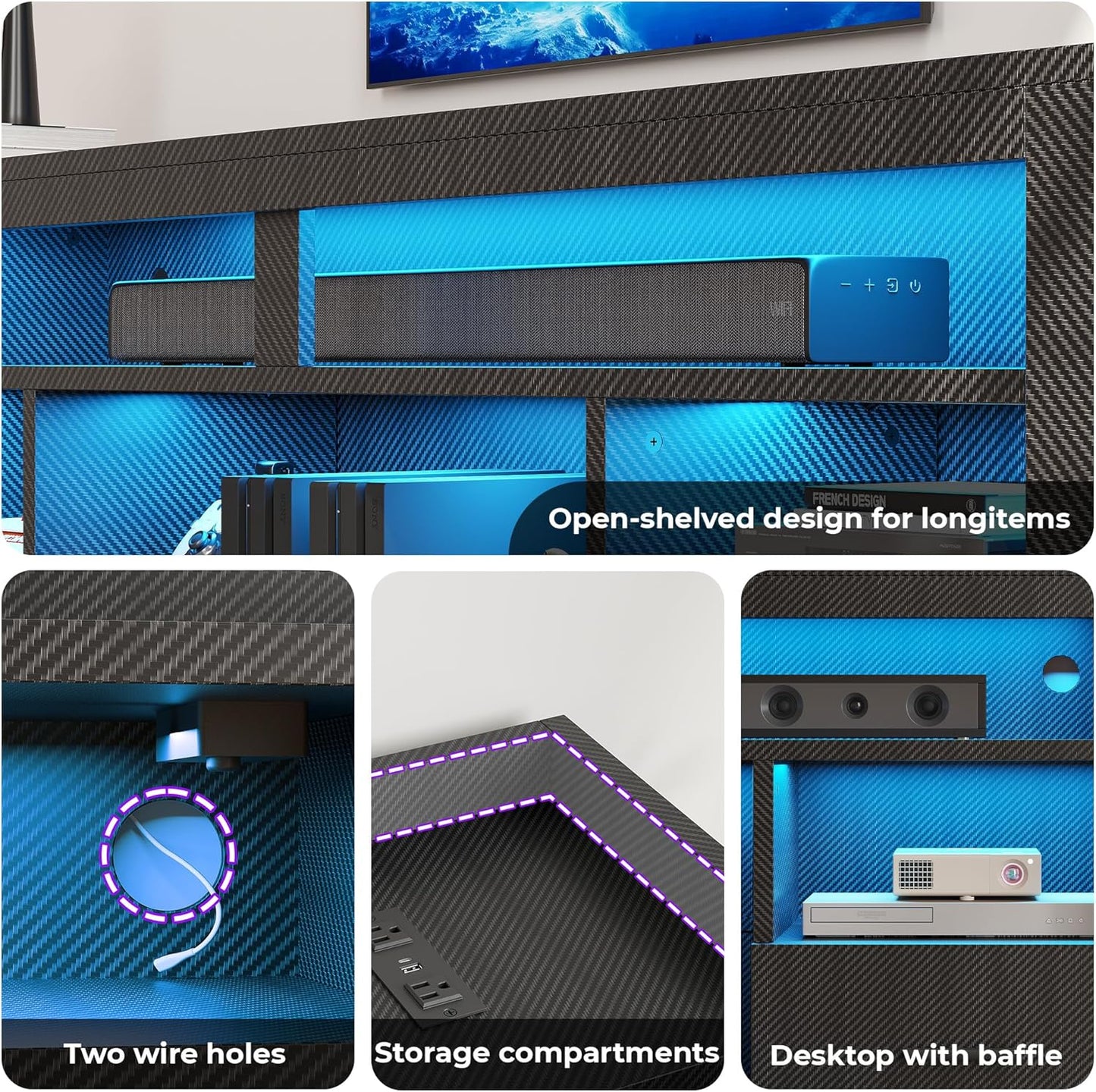 IRONCK TV Stand for 75 Inch TV, Carbon Fiber Entertainment Center with 2 Drawers