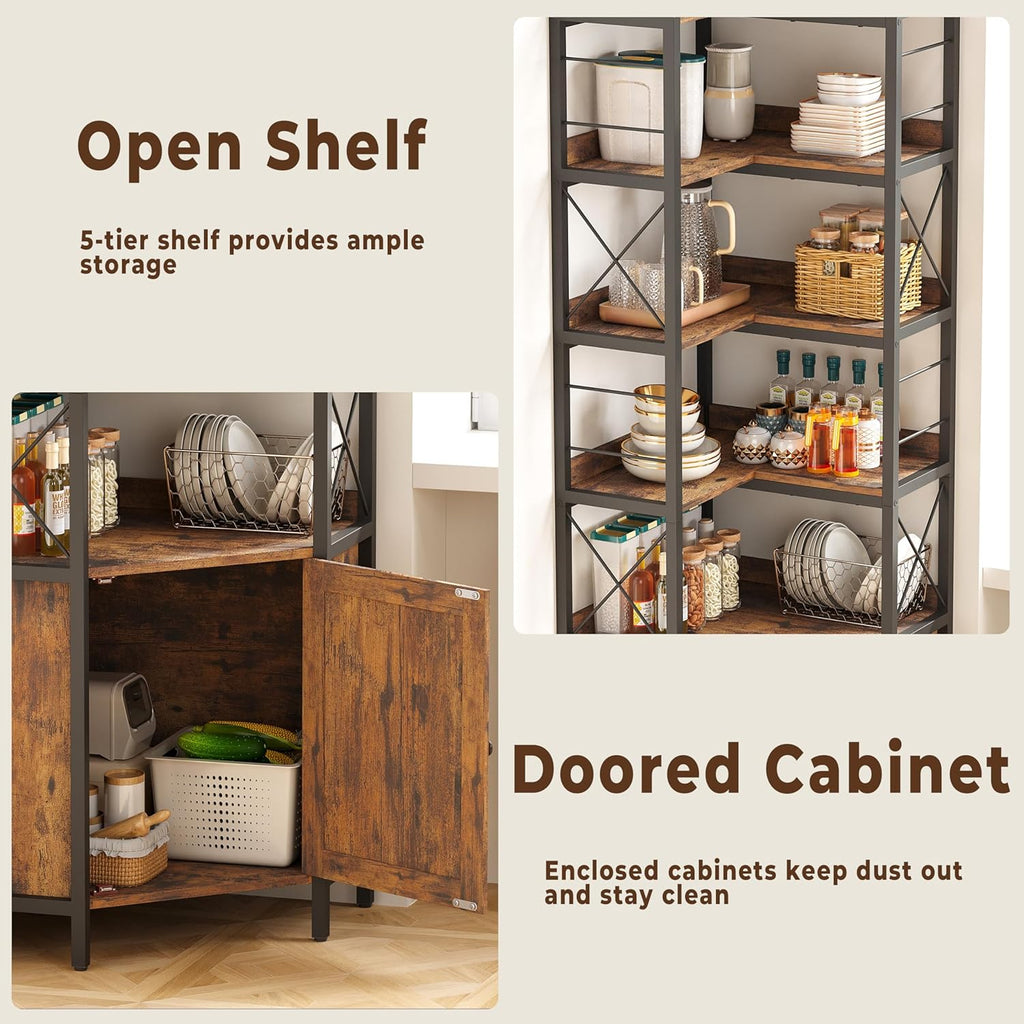 IRONCK 5 Tiers Corner Bookshelf with Baffles, Bookcase with Doors