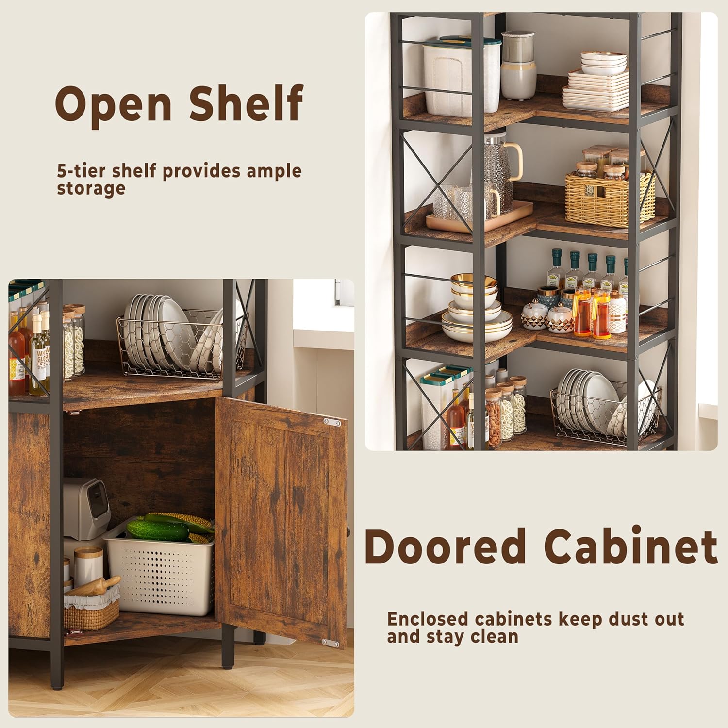 IRONCK 5 Tiers Corner Bookshelf with Baffles, Bookcase with Doors