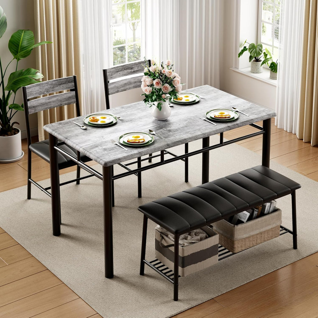 IRONCK Dining Table Set for 4, with Upholstered Bench and 2 Chairs
