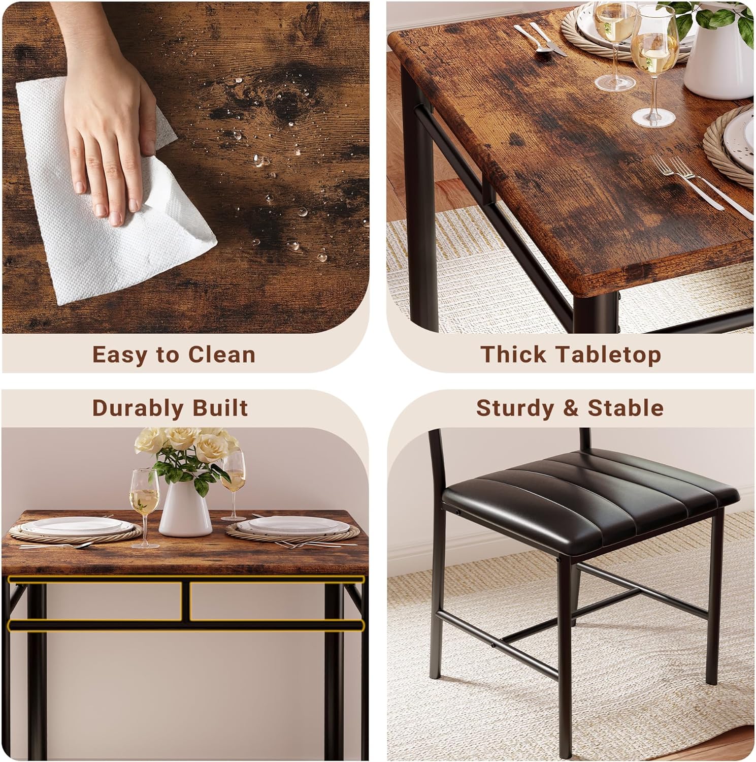 IRONCK Dining Table Set for 2 with Upholstered Chairs, Rustic Brown