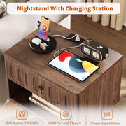 IRONCK Nightstand with Charging Station, Fluted Night Stand Set of 2，Bed Side Table with Drawer，Open Shelf and Sturdy Metal-Capped Legs, End Table for Bedroom, Walnut