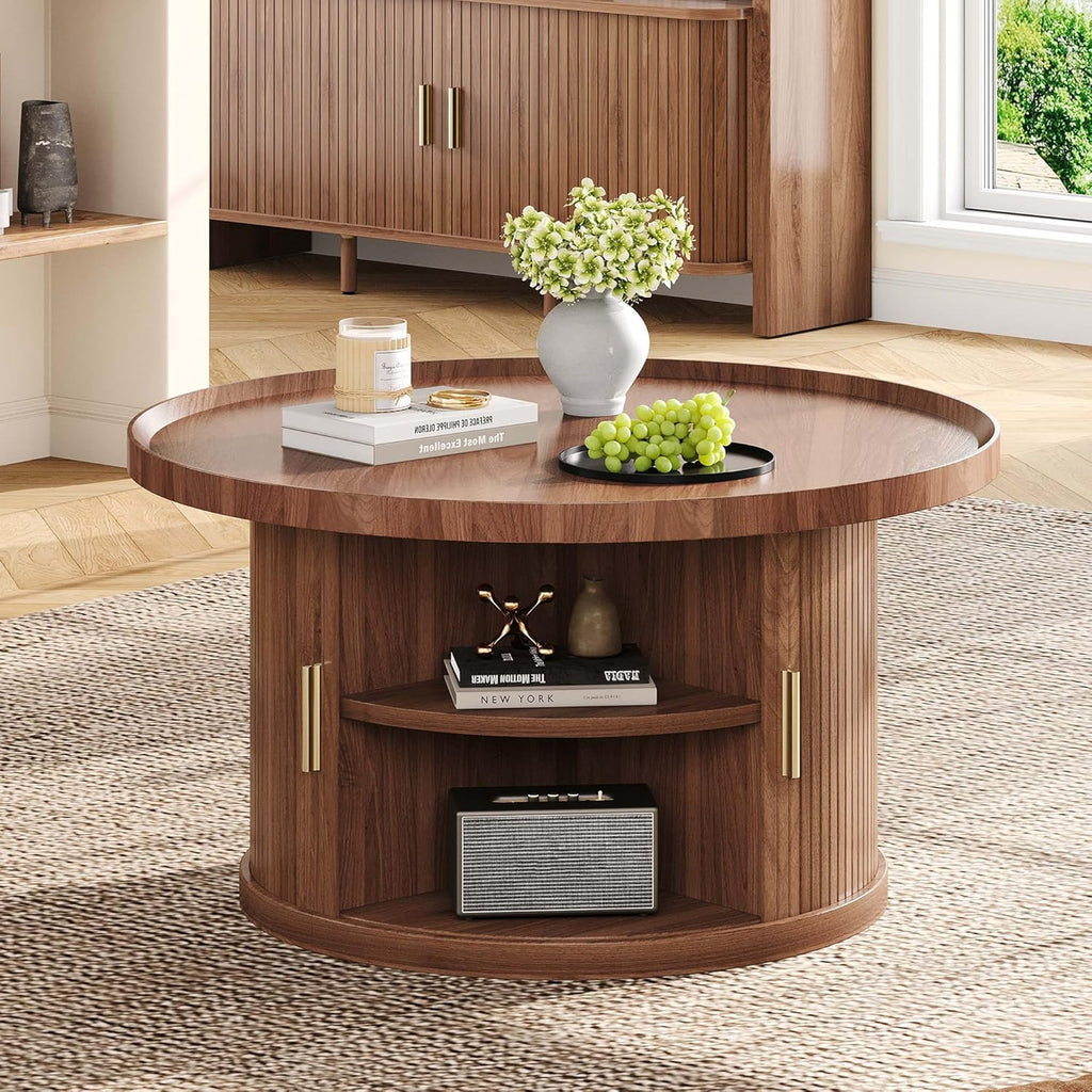 IRONCK 31.5" Round Coffee Table with Storage & Sliding Tambour Door