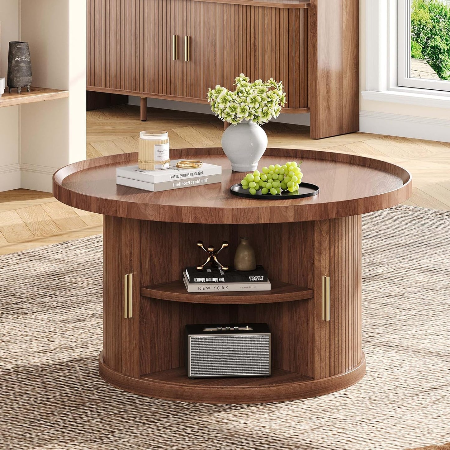 IRONCK Coffee Table, 31.5" Round Coffee Table with Storage & Sliding Tambour Door, Fluted Center Table for Living Room, Small Space, Mid Century Modern, Walnut