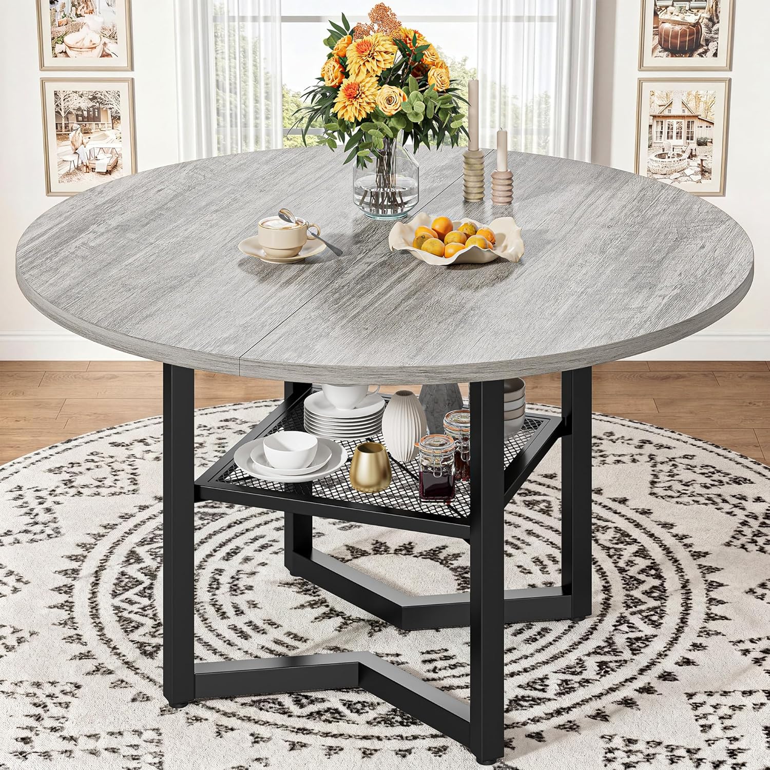 IRONCK 47.2" Round Dining Table with Wooden Tabletop and Metal Base, Gray