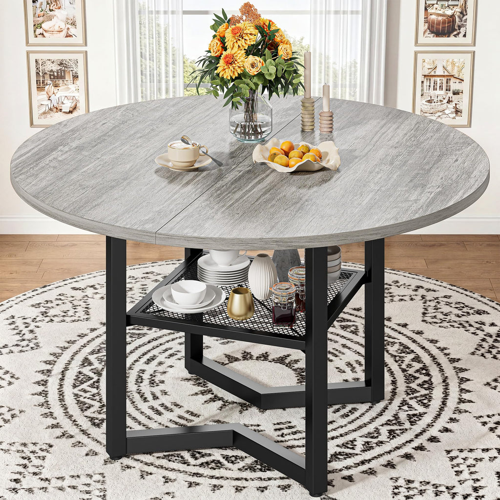 IRONCK 47.2" Round Dining Table with Wooden Tabletop and Metal Base, Gray