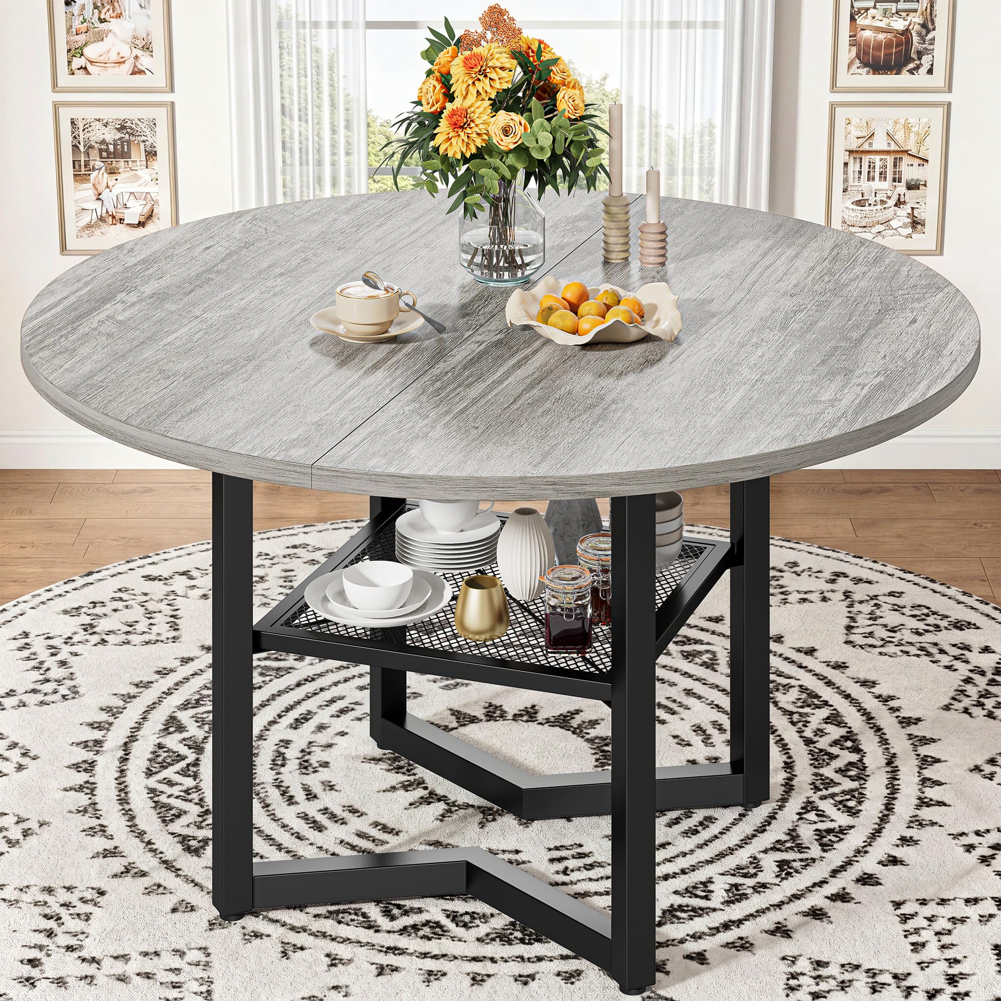 IRONCK 47.2" Round Dining Table with Wooden Tabletop and Metal Base, Gray
