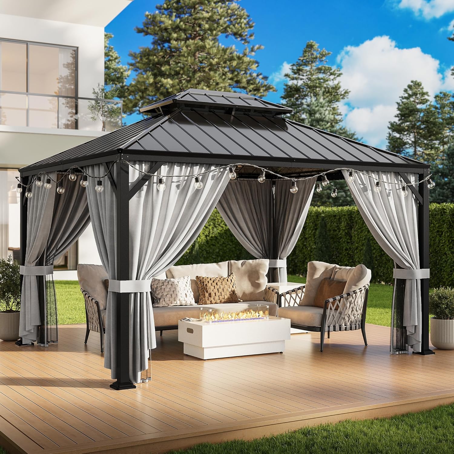 IRONCK Aluminum Patio Gazebo with Double Roof, with Net and Curtain