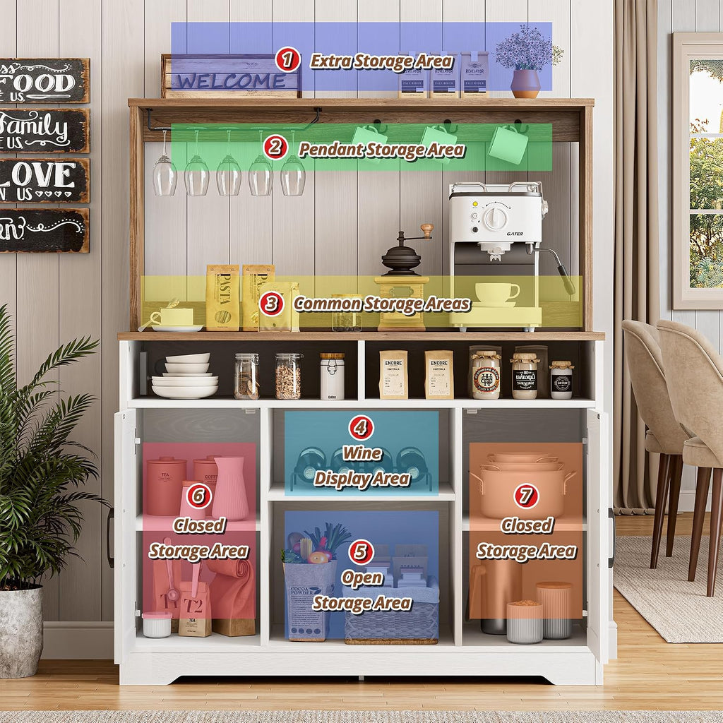 IRONCK 58" Farmhouse Coffee Bar Cabinet with Storage & Power Outlets, White