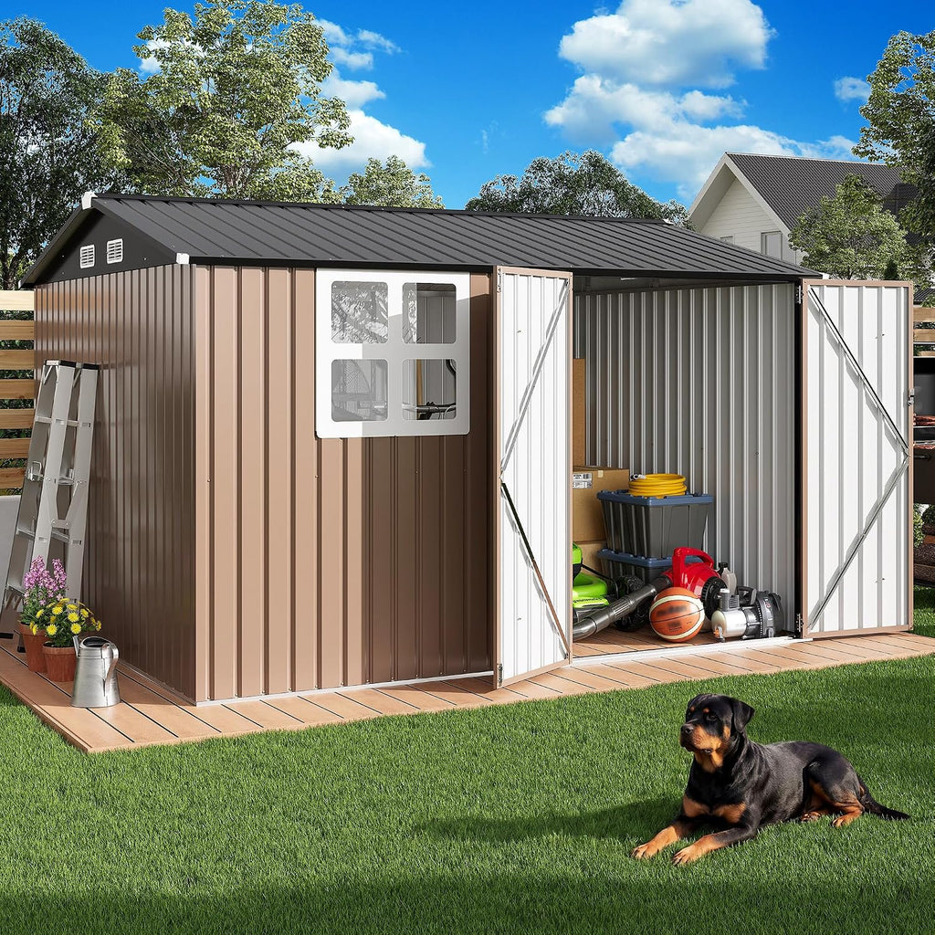 IRONCK 10x8.2FT Outdoor Storage Shed with Clear Window, Tool Shed, Brown Lockable Doors, Breathable Ventilation, 9.5x8 FT Base, Outdoor Shed For Generators/Bikes/Wheelbarrows