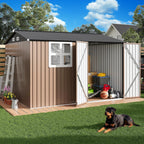 IRONCK 10x8.2FT Outdoor Storage Shed with Clear Window, Tool Shed, Brown Lockable Doors, Breathable Ventilation, 9.5x8 FT Base, Outdoor Shed For Generators/Bikes/Wheelbarrows