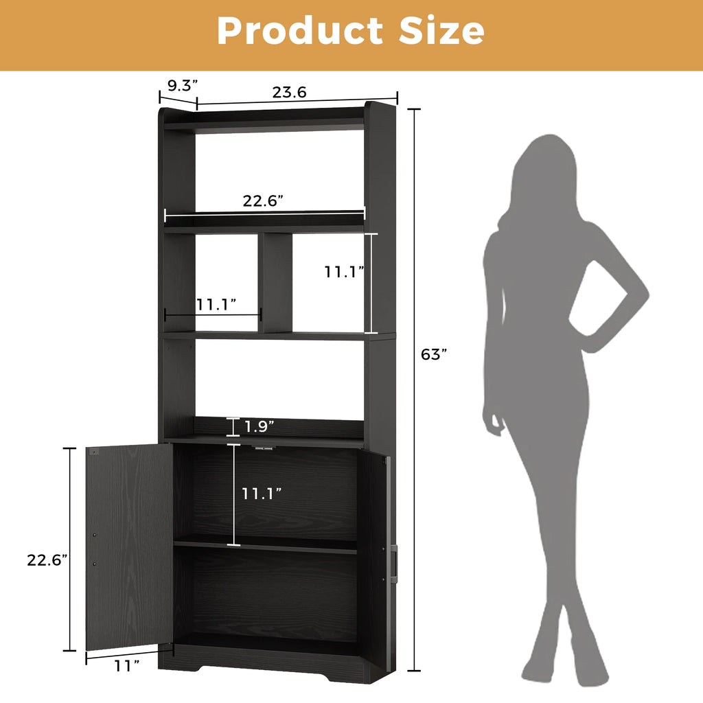 Freestanding 63" Tall Bookcase, Wood Display Storage Cabinet with Closed Doors & Open Shelves for Living Room, Home Office & Bedroom, Black