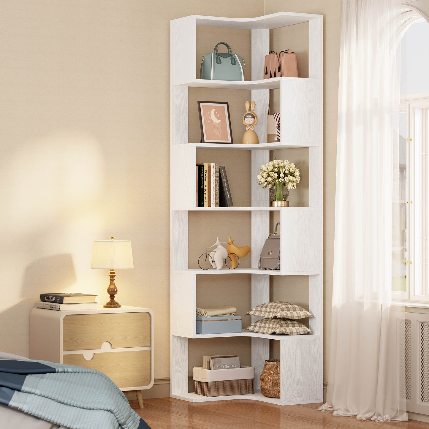 IRONCK 6-Tier Corner Bookcase, Modern L-Shaped Bookshelf