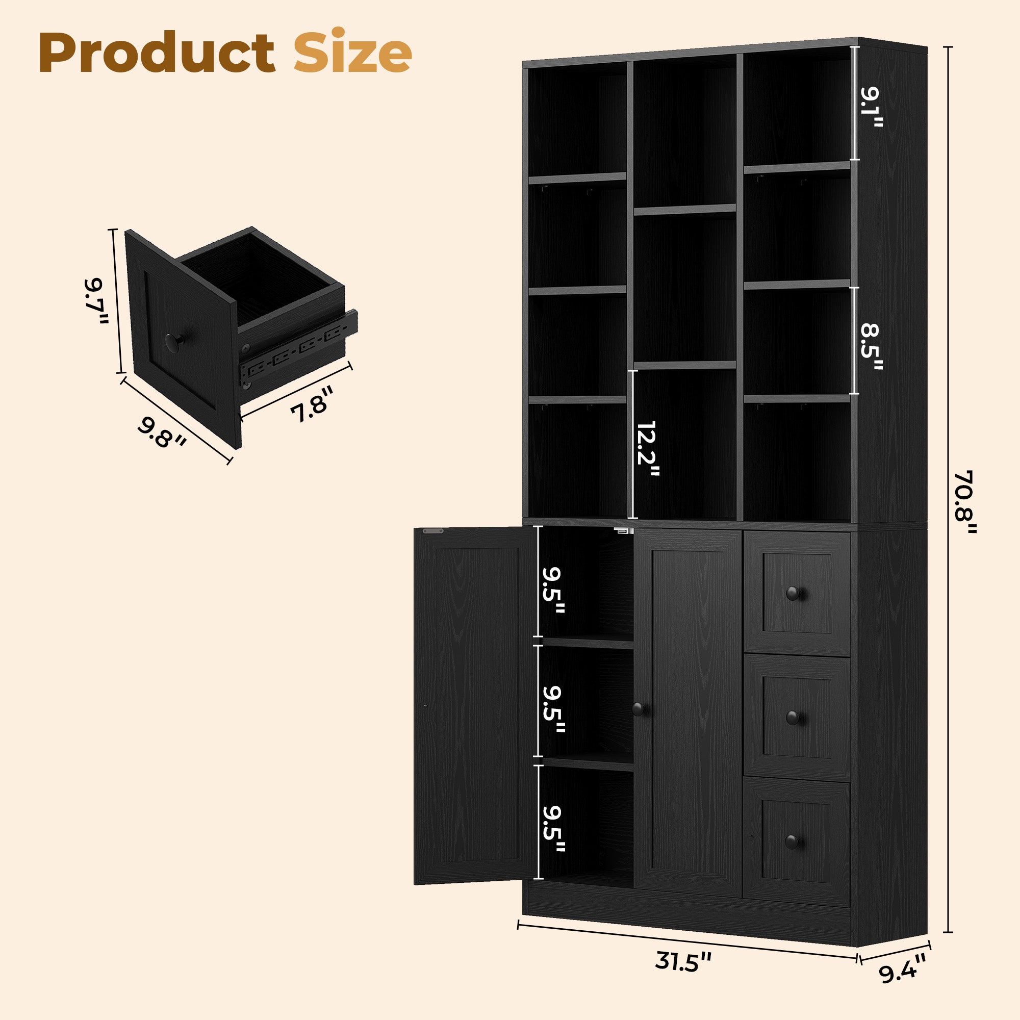 IRONCK 71" Tall Bookcase with 2 Doors