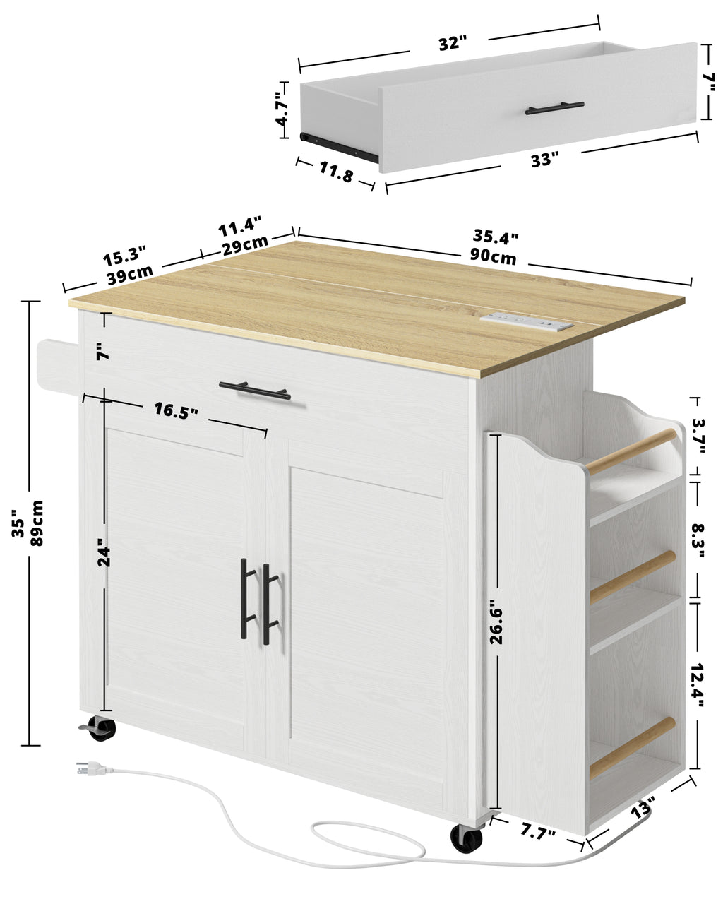 Rolling Kitchen Island with 3 open drawers