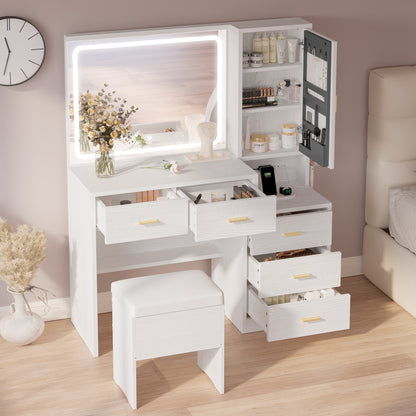 IRONCK Makeup Vanity Desk Set with Lighted Mirror and Charging Station, Dressing Table with Storage Cabinet and Drawers