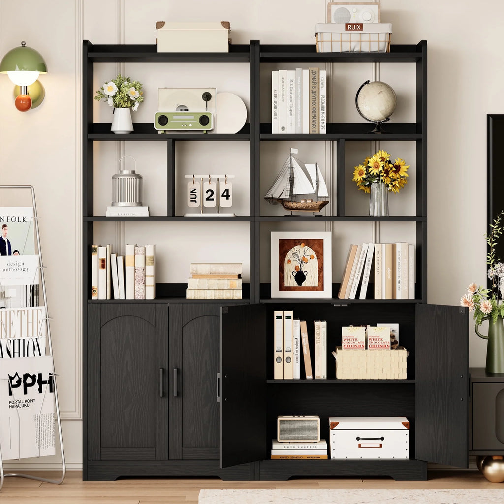 Freestanding 63" Tall Bookcase, Wood Display Storage Cabinet with Closed Doors & Open Shelves for Living Room, Home Office & Bedroom, Black