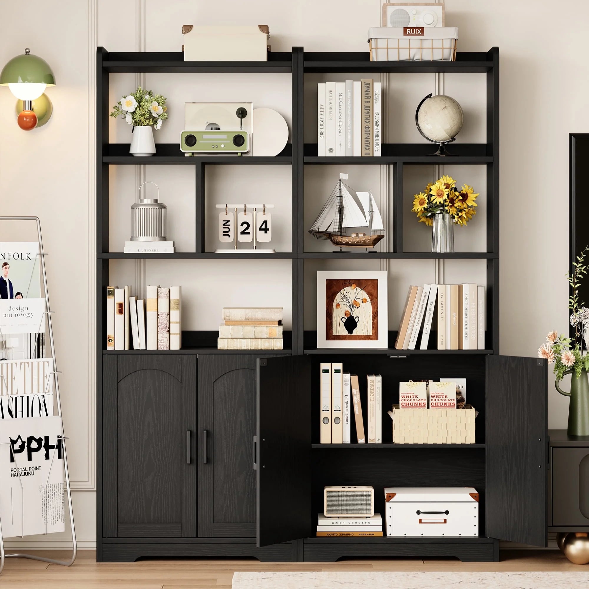 Freestanding 63" Tall Bookcase, Wood Display Storage Cabinet with Closed Doors & Open Shelves for Living Room, Home Office & Bedroom, Black
