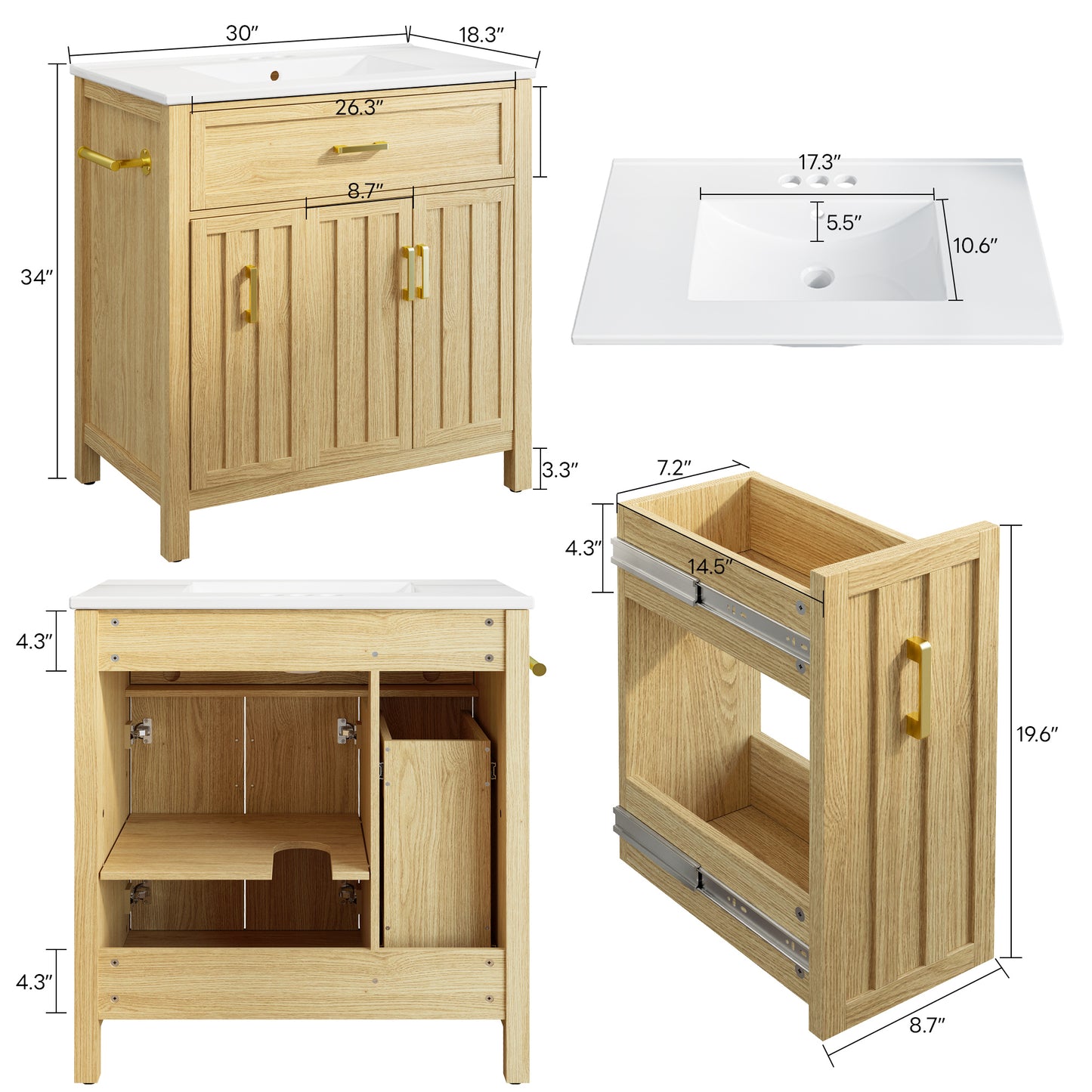 IRONCK 30" Badezimmer-Waschtisch mit Waschbecken