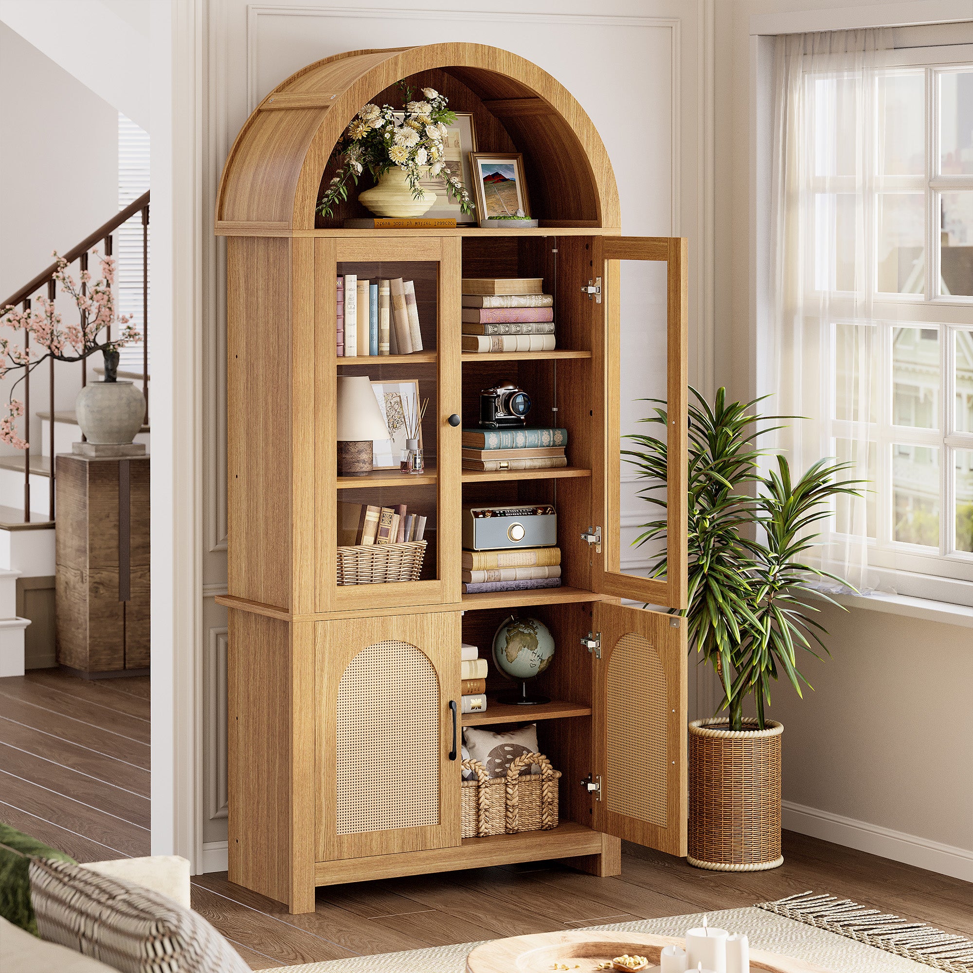 74.8" Tall Arched Bookshelf with 4 Doors