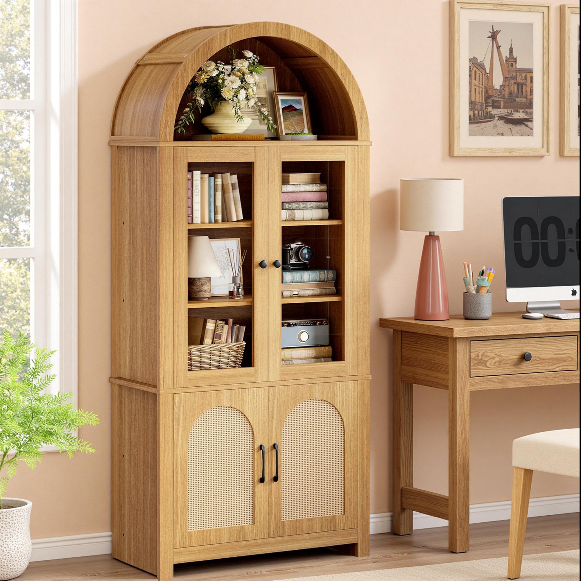 74.8" Tall Arched Bookshelf with 4 Doors