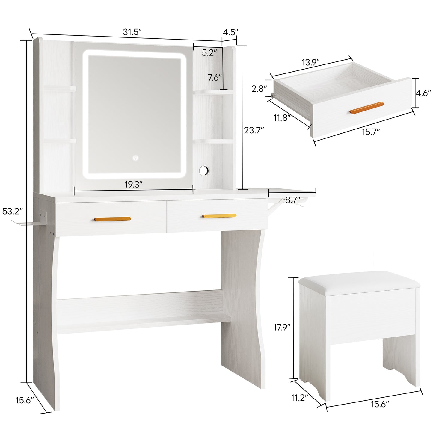 IRONCK Schminktisch mit LED-beleuchtetem Spiegel und Steckdose