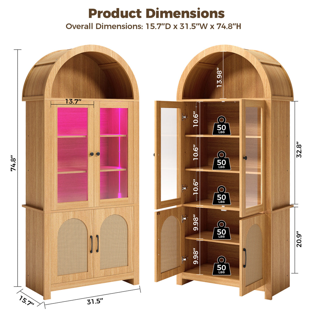 74.8" Tall Arched Bookshelf with 4 Doors