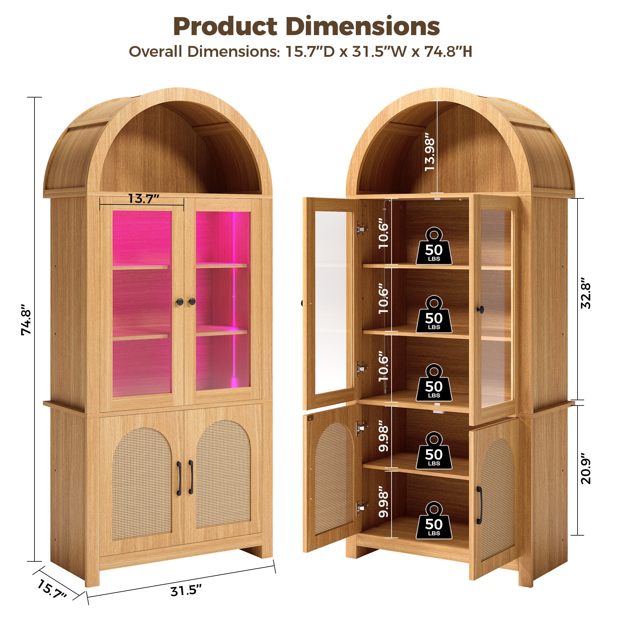 74.8" Tall Arched Bookshelf with 4 Doors