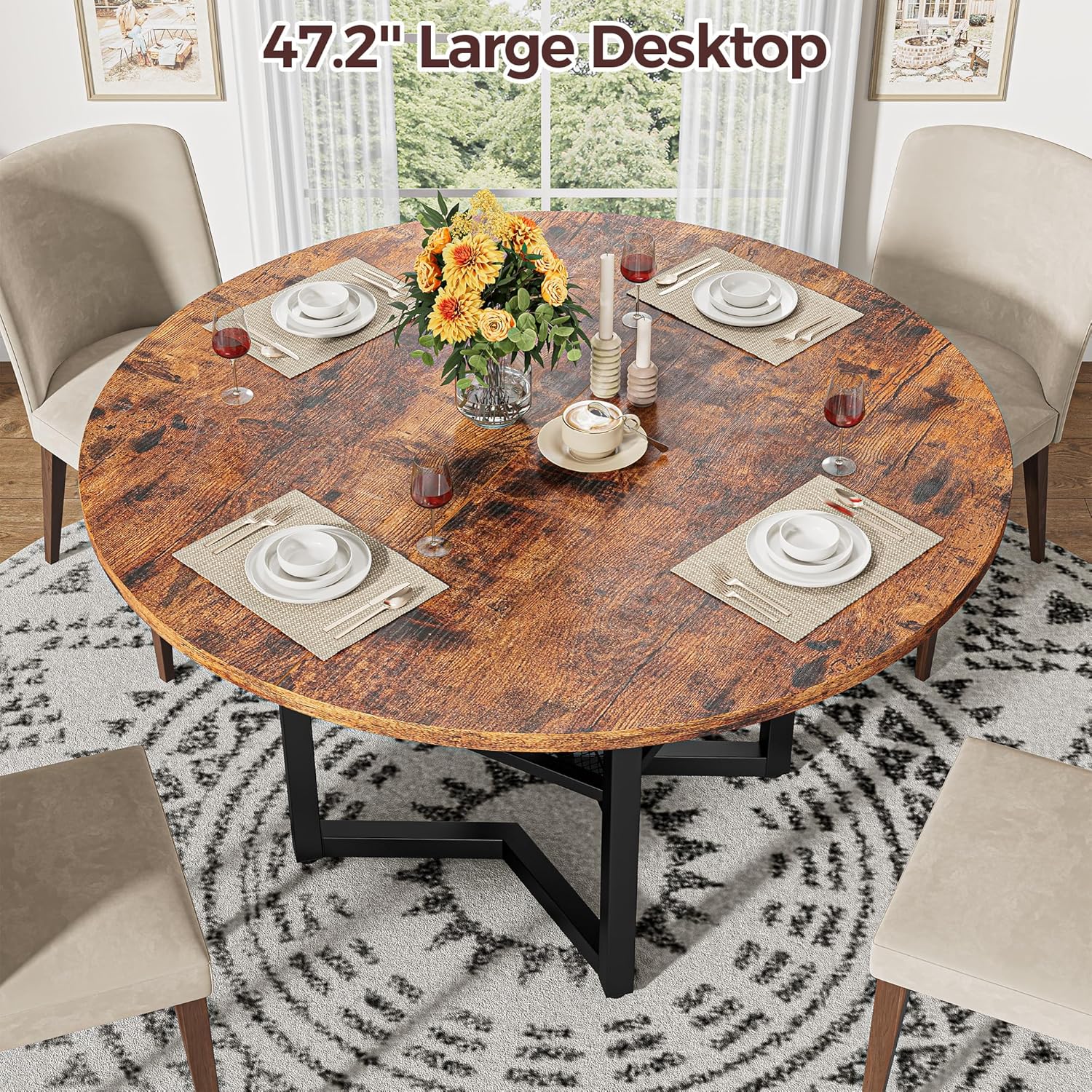 IRONCK 47.2" Wood Round Dining Table for 4, Rustic Brown