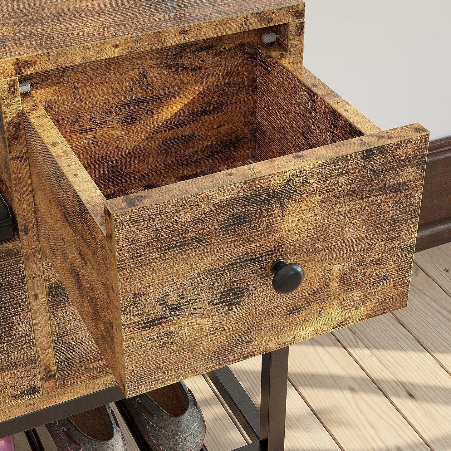 Vintage Brown Entryway Bench with Drawers