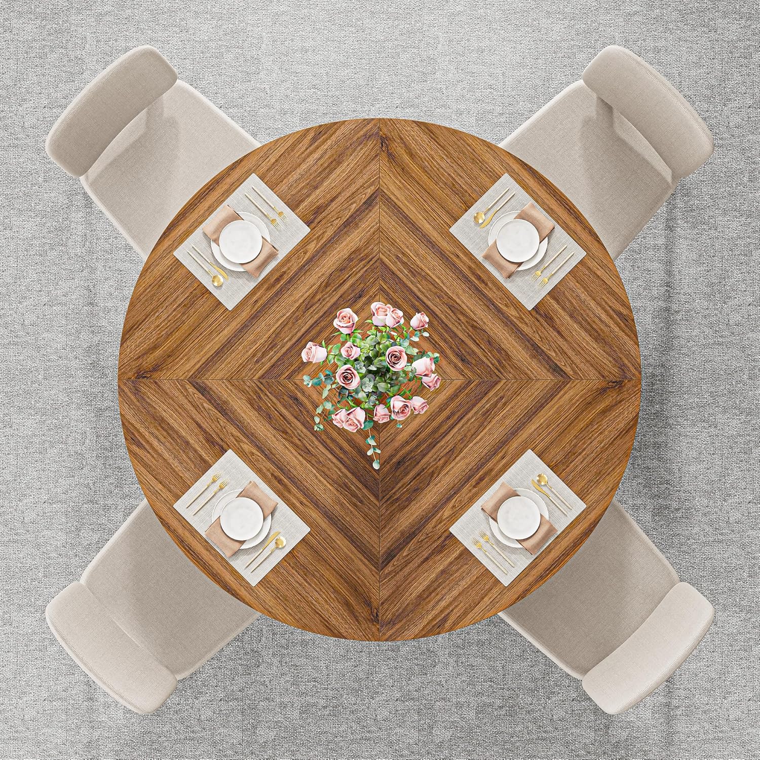 IRONCK 47.2" Wooden Round Dining Table for 4-6 People, Walnut
