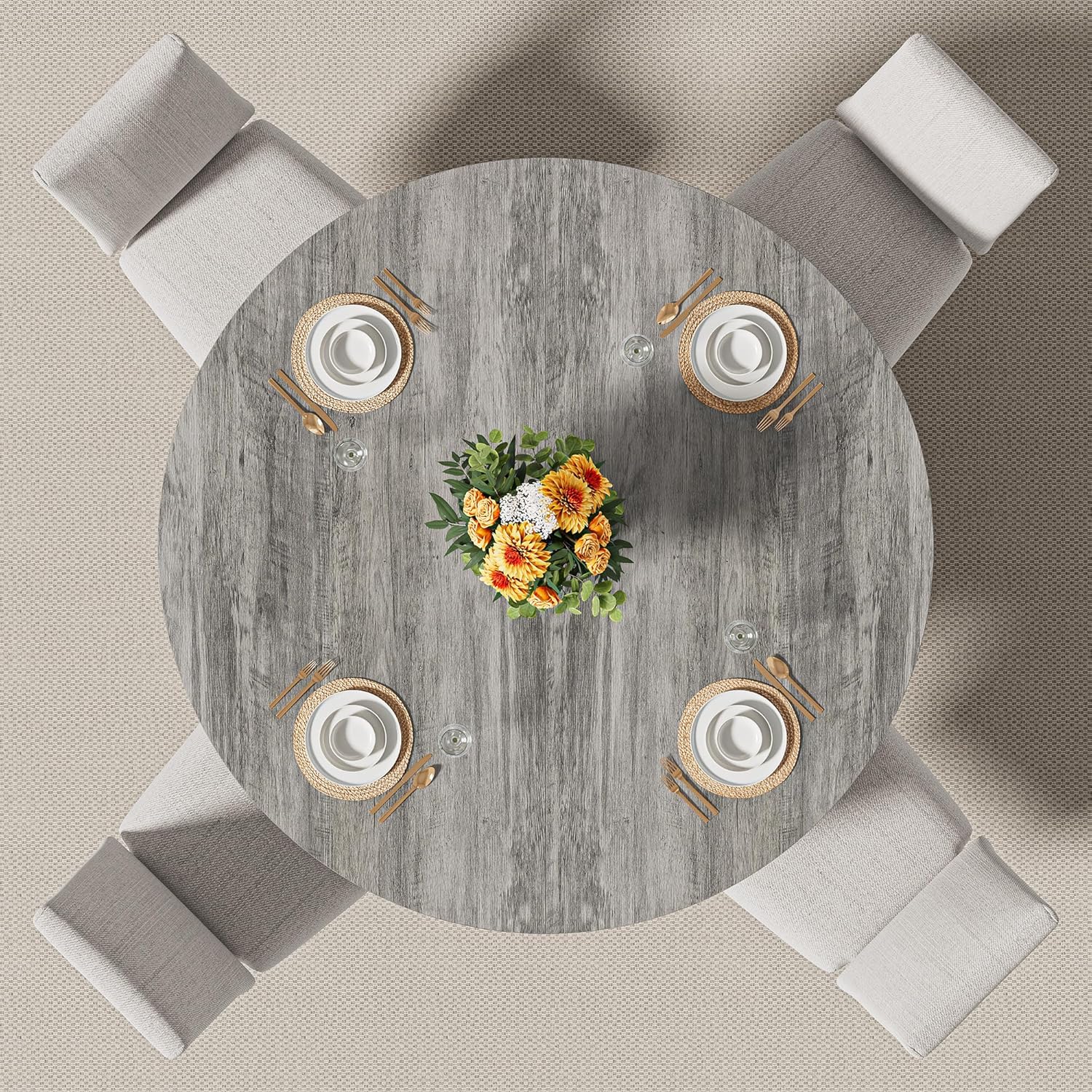 IRONCK 47.2" Round Dining Table with Wooden Tabletop and Metal Base, Gray