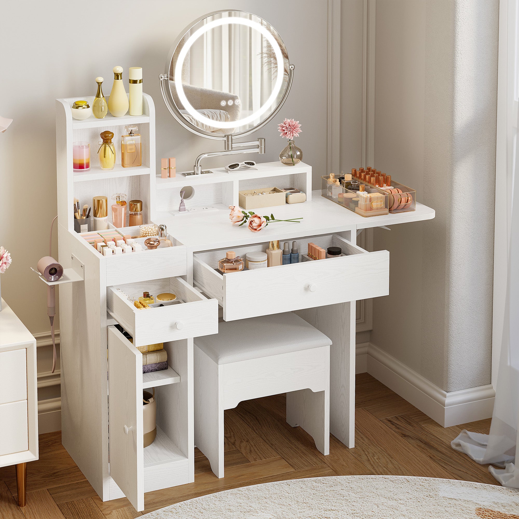 Makeup Vanity Table Set with Adjustable Mirror and LED Lights
