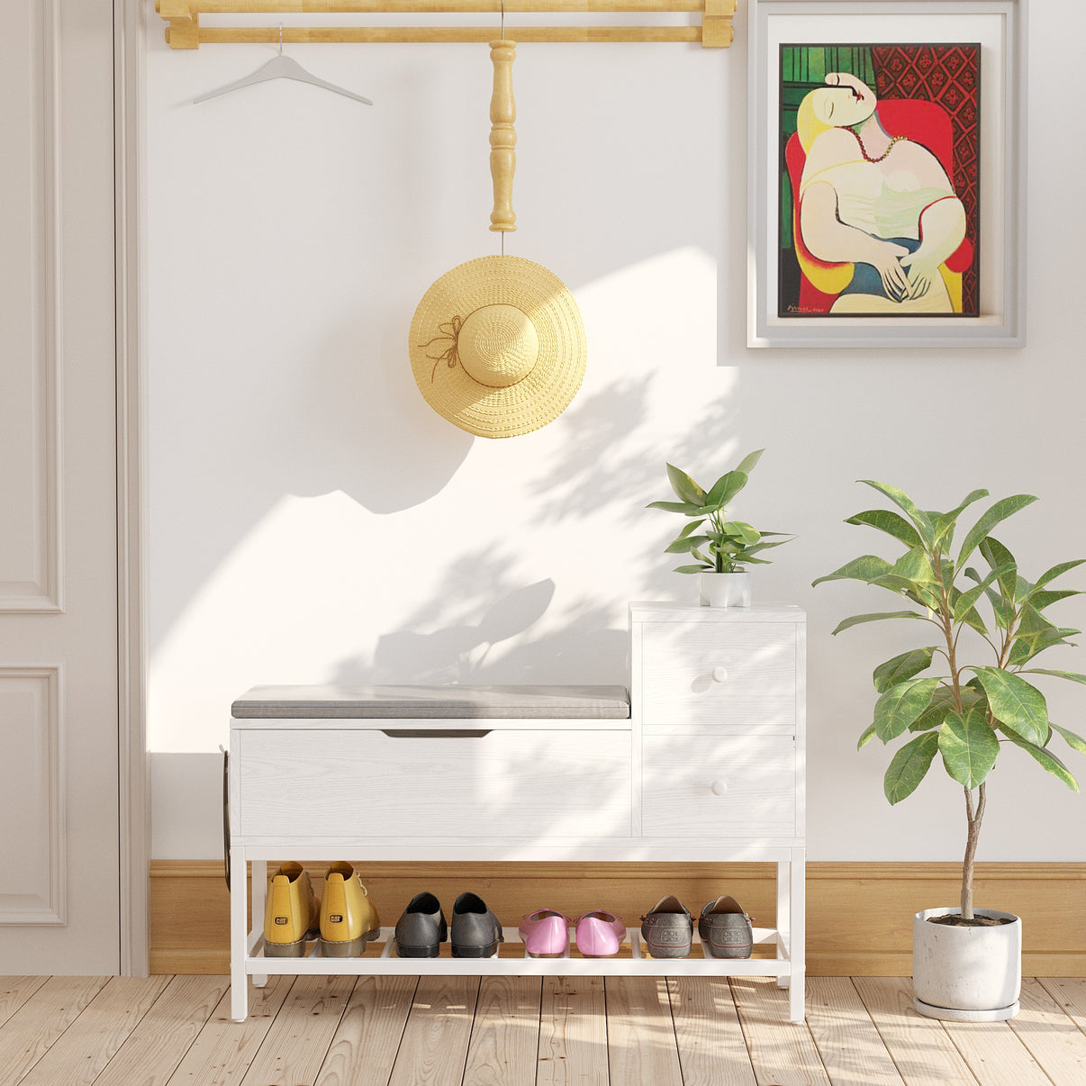 White Entryway Bench with Drawers IRONCK