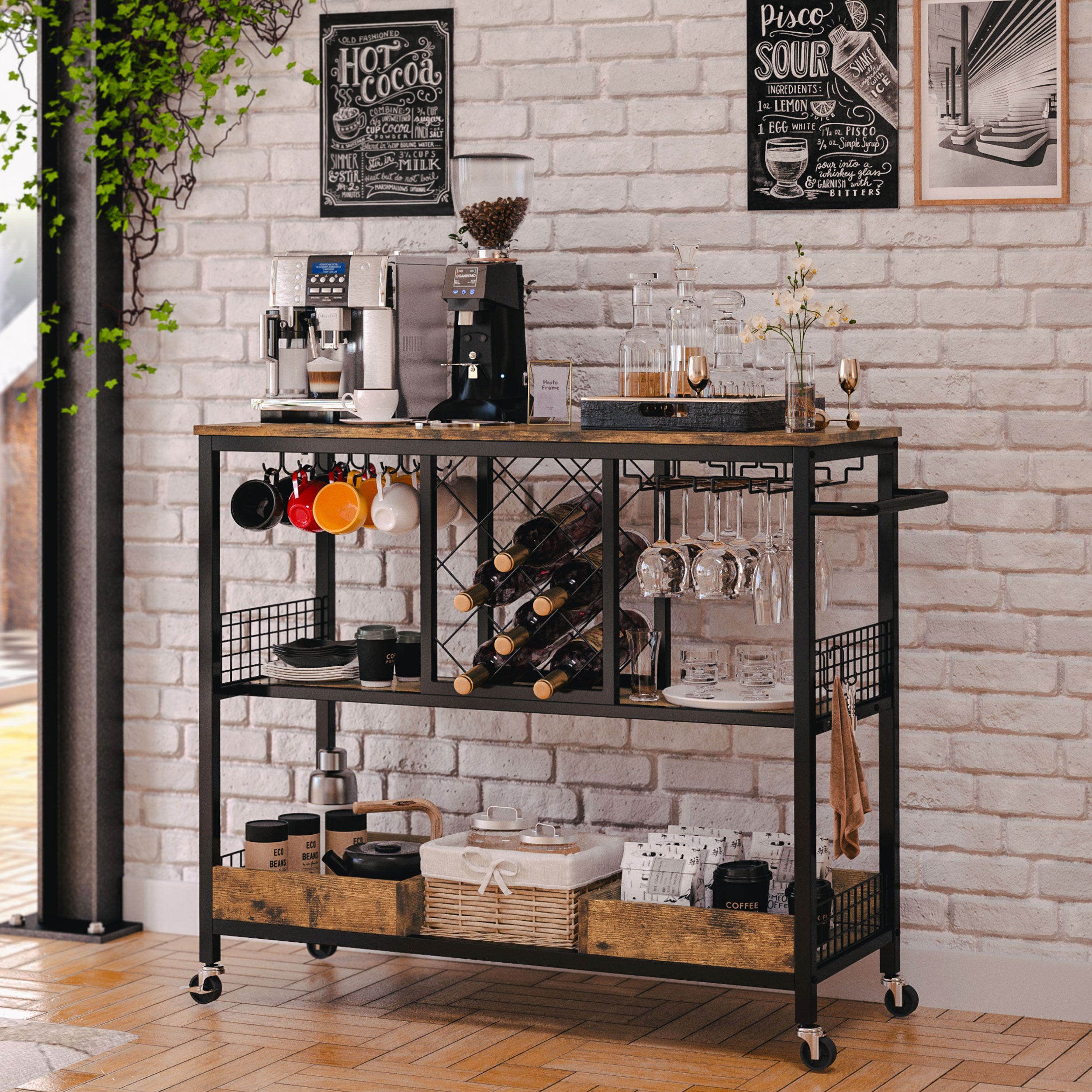 Wood bar cart discount with wine rack