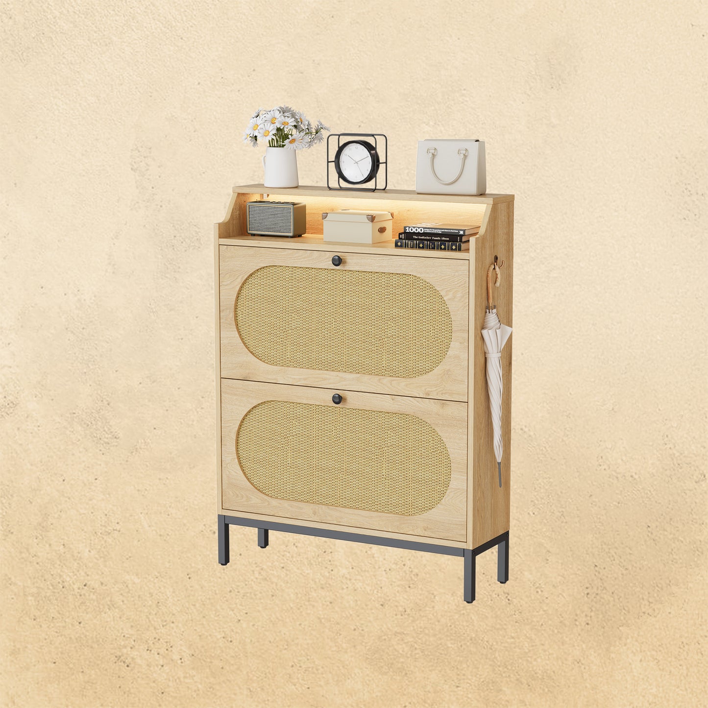 IRONCK Rattan Shoe Cabinet with Flip Drawers