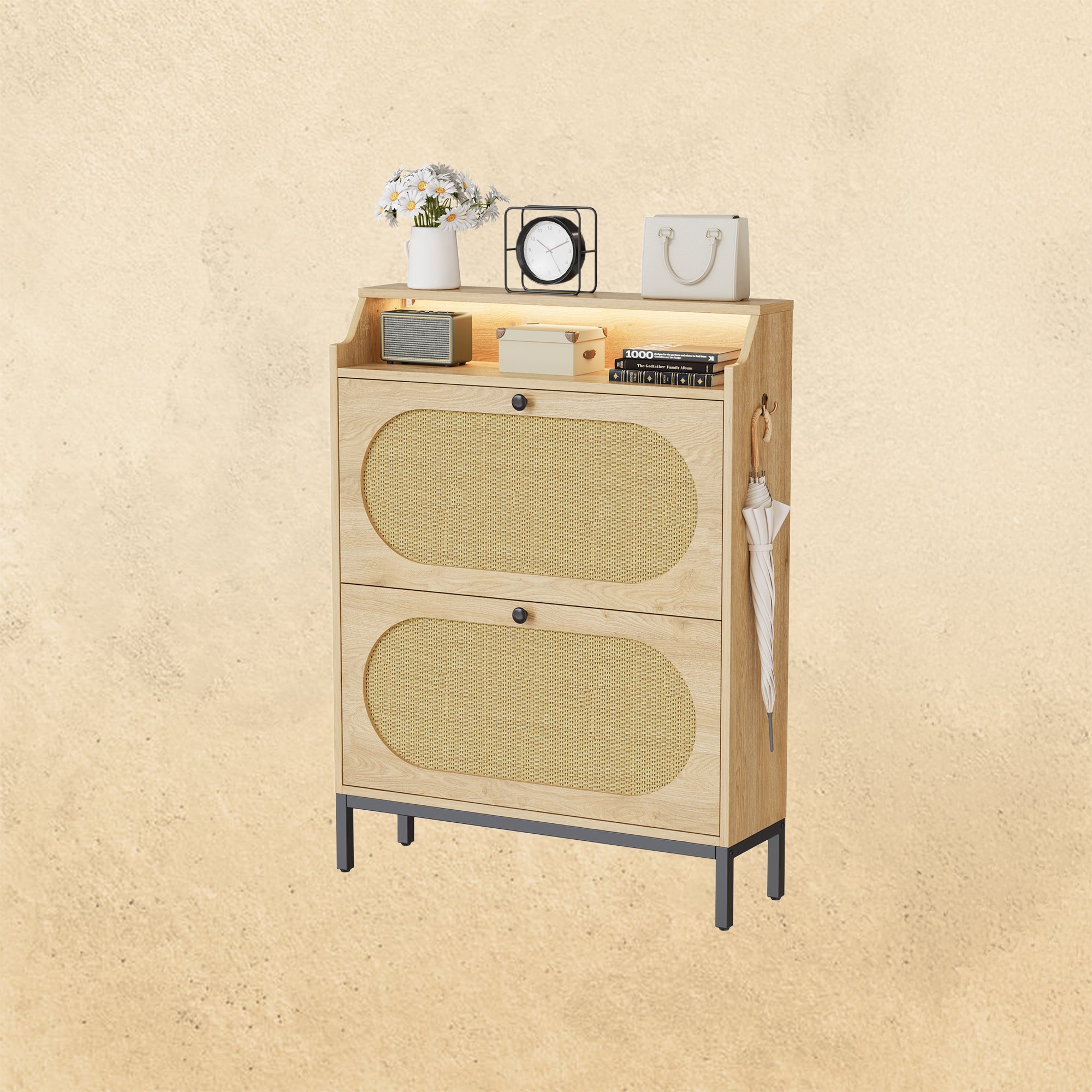 IRONCK Rattan Shoe Cabinet with Flip Drawers