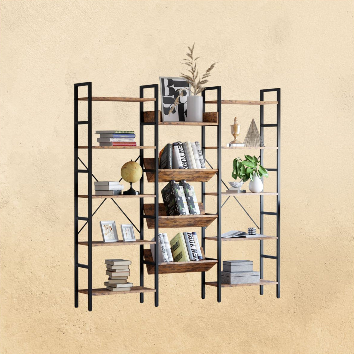 Triple Wide 5 Tiers Stylish Bookshelf